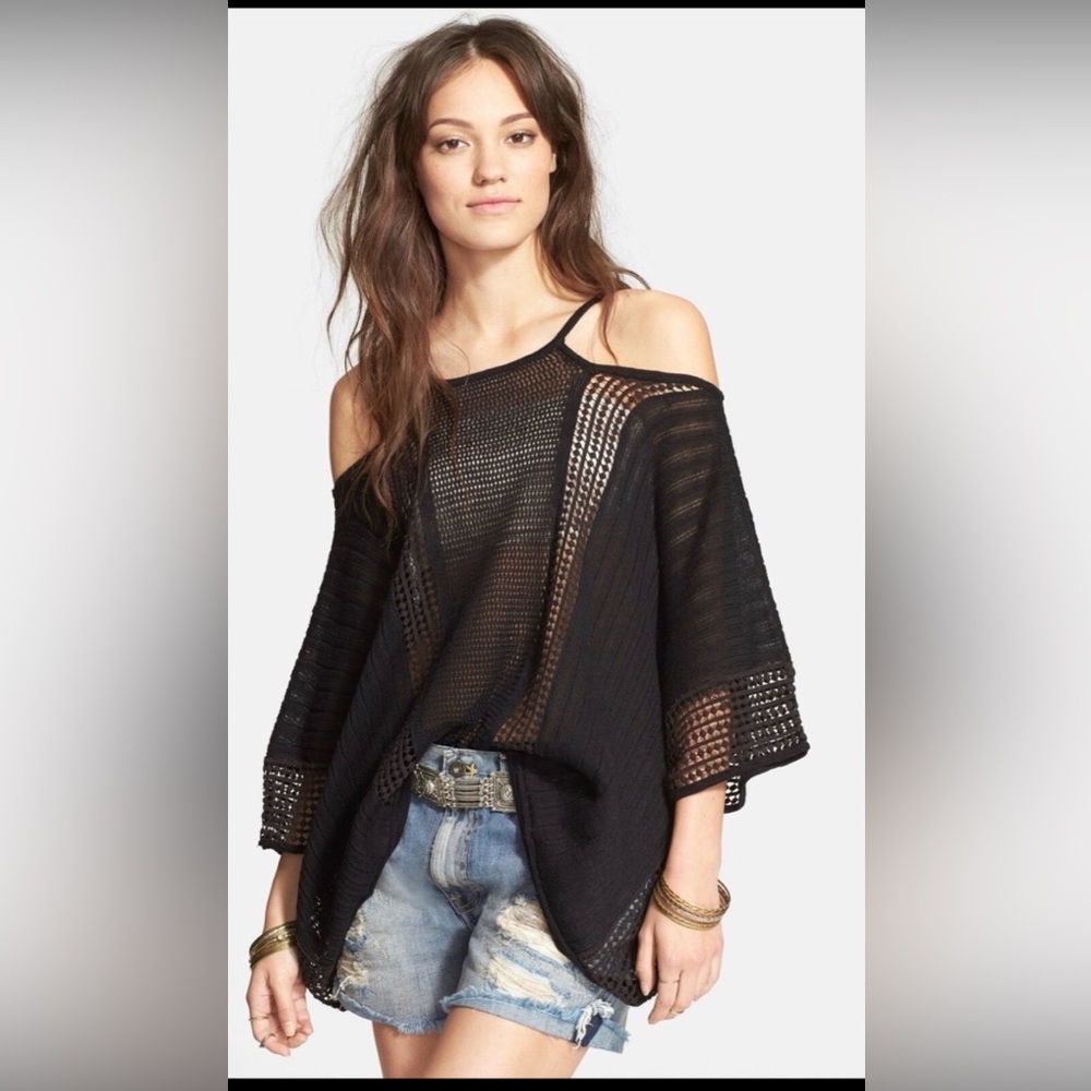Free People Bohemian Echo Stitch Cold Shoulder Angel Wing Sleeves Sweater Black